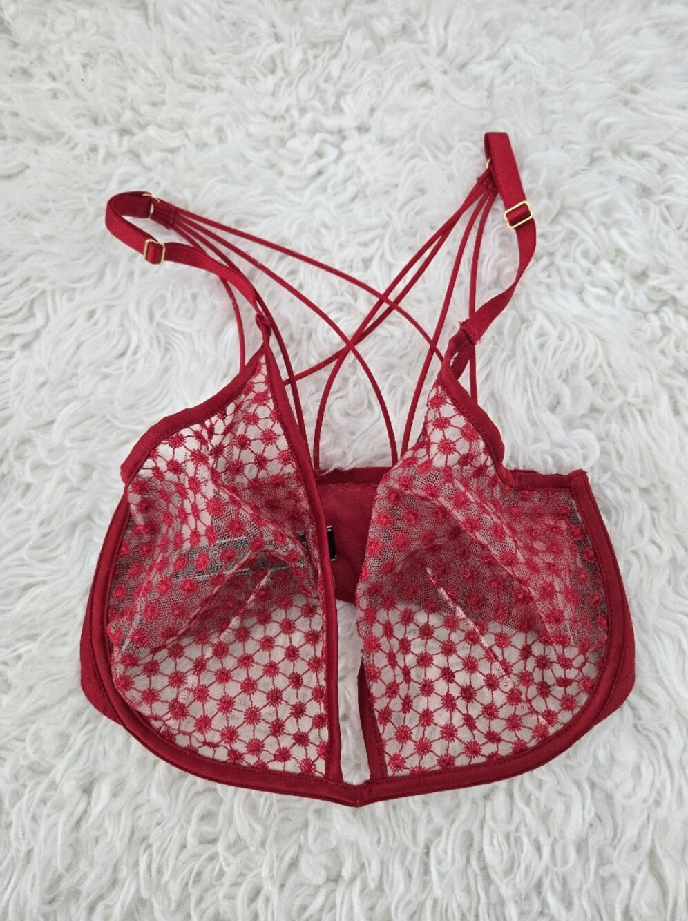 Victoria's Secret Red Starburst Lace Unlined Plunge Sexy Bra Size 32DDD. New